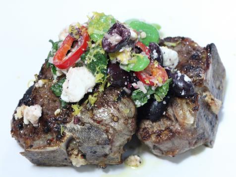 Grilled T-bone Lamb Chops with Fava Bean and Feta Salad