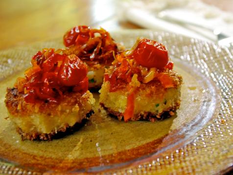 Brandade Cakes with Caramelized Peppers and Tomatoes