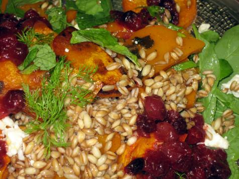 Warm Farro Salad with Roasted Butternut Squash and Spiced Cranberry Vinaigrette