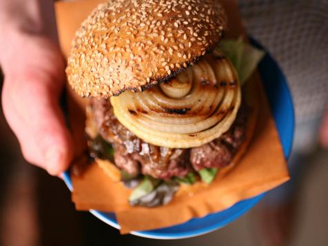Cowboy Bison Burgers with Whiskey-Glazed and Charred Onions