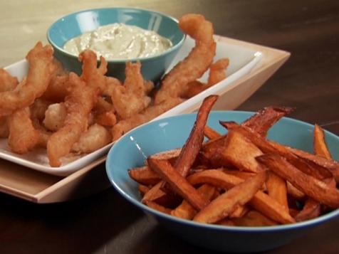 Fried Fish Bites with Sweet Potato Fries and Spicy Mayo