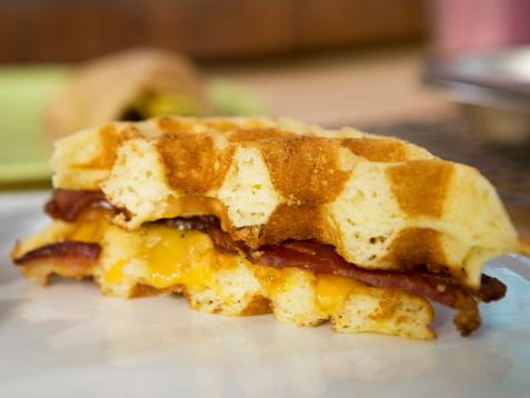 Cheddar and Bacon Cornmeal Waffle Sandwiches with Maple Mustard