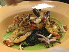 Cooking Channel serves up this Black Squid Ink Risotto with Grilled Prawns, Lobster and Green Onion Vinaigrette recipe from Bobby Flay plus many other recipes at CookingChannelTV.com