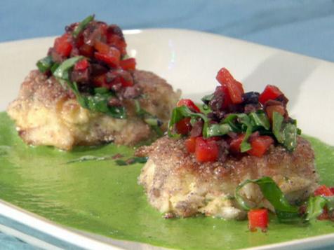 Blue Corn Crab Cakes with Black Olive-Red Pepper Relish and Basil Vinaigrette