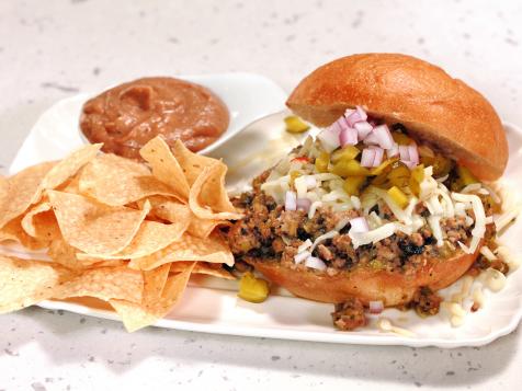Green Chili Sloppy Joses with Refried Bean Dip and Chips