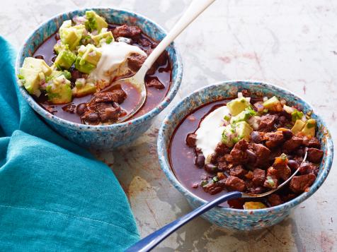 Beef and Black Bean Chili with Toasted Cumin Crema and Avocado Relish
