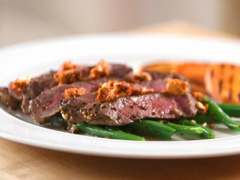Spice-Crusted Rib Eye Steaks with Coriander Blue Cheese, Grilled Yams and Sauteed Green Beans
