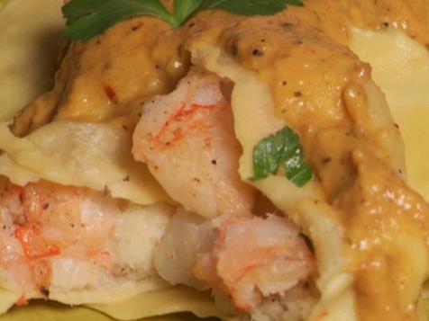 Shrimp and Salt Cod Ravioli with Yellow Pepper Romesco Sauce