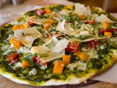 Skinny Pizza with Butternut Squash, Roasted Tomatoes and Kale Pesto