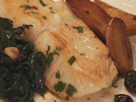 Sea Bass alla Vernaccia with Roasted Fingerling Potatoes and Braised Red Kale