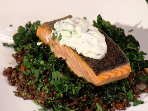 Sauteed Salmon Fillet with Tzatziki and Warm Lentils