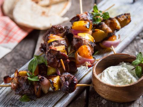 Venison Skewers with Red Onion, Roasted Butternut Squash and Whipped Feta