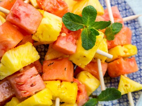 Chilled Pineapple and Watermelon Skewers with Mint Syrup
