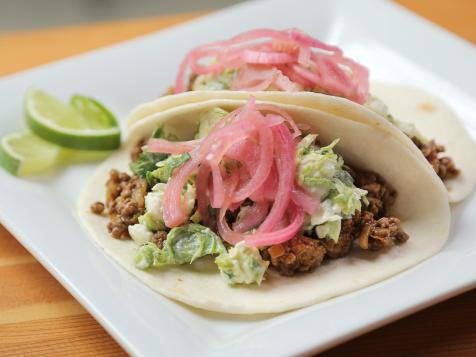 Spicy Bison Tacos with Brussels Sprout Slaw and Pickled Onions
