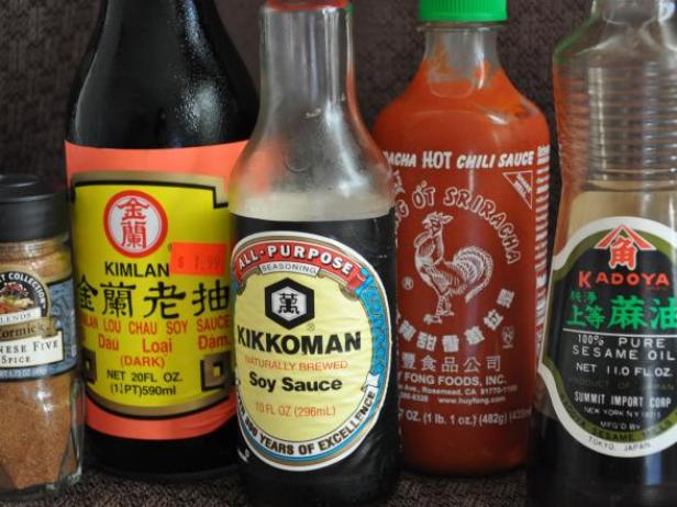 Chinese 5-Spice, Dark Soy Sauce, Light Soy Sauce, Chili Sauce, Sesame Oil