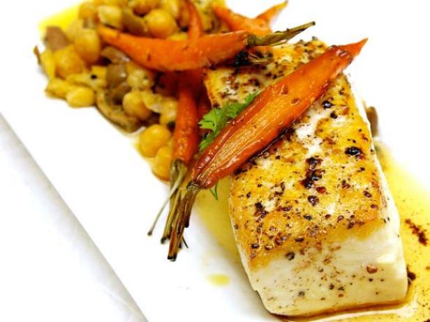 Halibut with Brown Butter, Crushed Chickpeas with Olives and Roasted Cumin Carrots