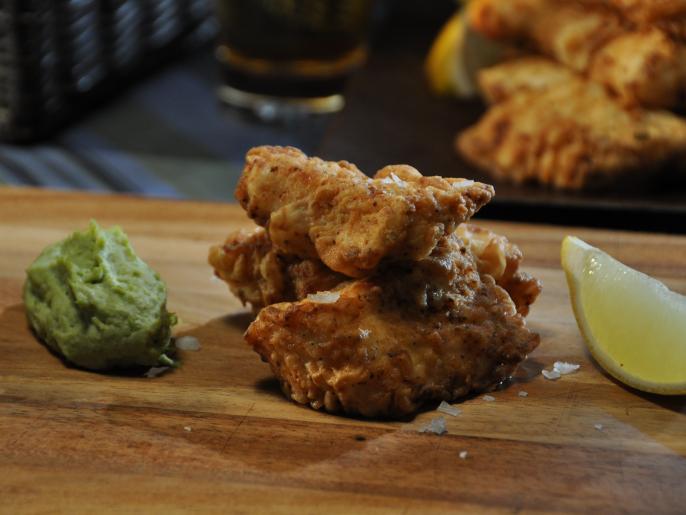 Shoreline Fried Halibut with Tofu Fries, Soy Sauce Aioli, Mushy Edamame
