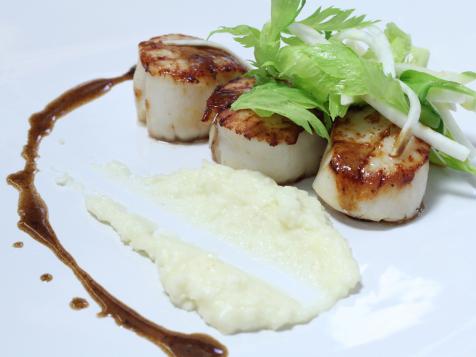 Pan Roasted Diver Scallops with Potato and Celery Root Puree and Brown Butter