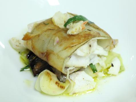 Potato Wrapped Pacific Cod with a Grilled Leek, Red Bliss and Purple Peruvian Potato and Lobster Salad