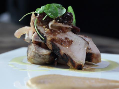 Grilled Pork Chop with Apple and Peach Mostarda and Puree
