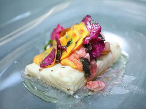 Poached Pacific Halibut with Baby Shaved Root Vegetables, Tarragon Vinaigrette