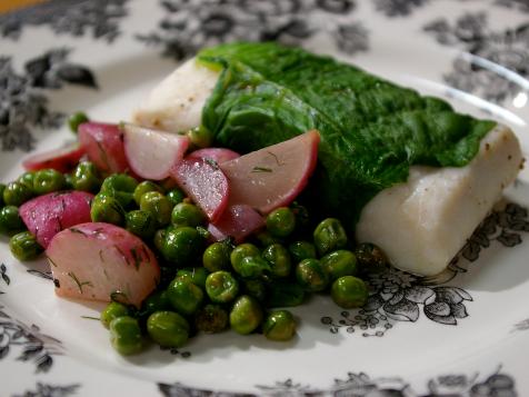 Lettuce-Wrapped Halibut with Dill Cream Sauce and Radishes and Peas
