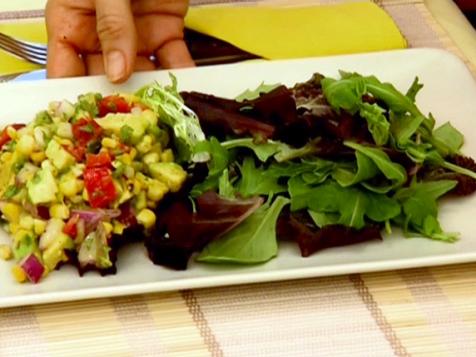 Shrimp and Mango Adobado Salad with Roasted Corn and Avocado Salsa