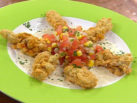 Fried Oysters with Horseradish Cream and Tomato Corn Salsa