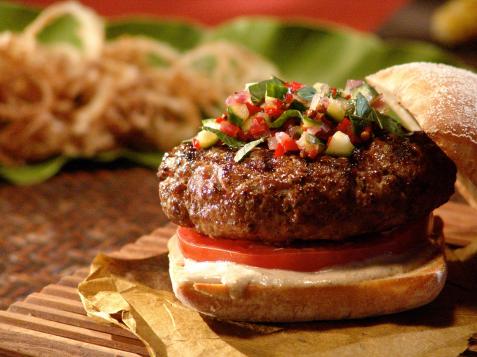 Five Spice Lamb Burgers with Pickled Cucumber Relish and Five Spice Aioli