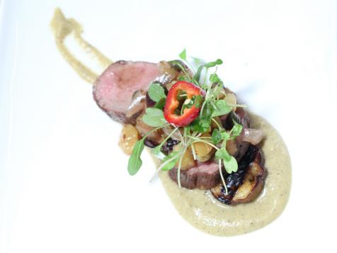 Pan Roasted Lamb Loin with Sweet and Sour Relish and (Smoky or Grilled) Eggplant Puree