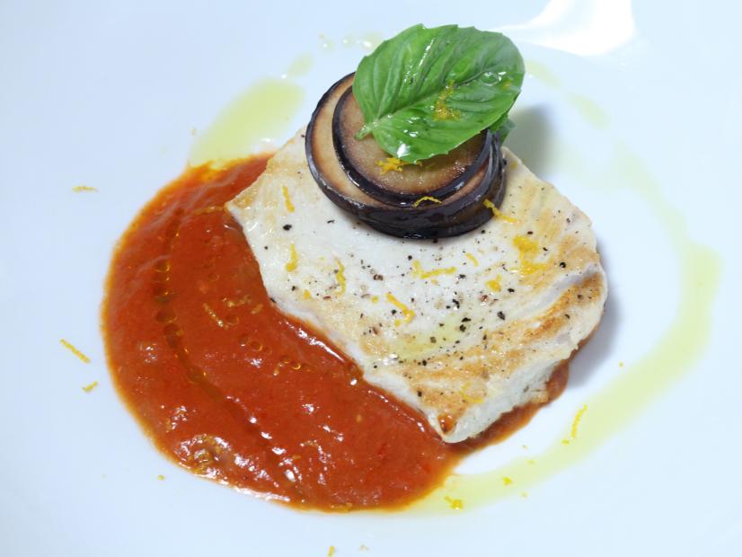 Swordfish with Crispy Eggplant Chips, Tomato and Eggplant Sauce