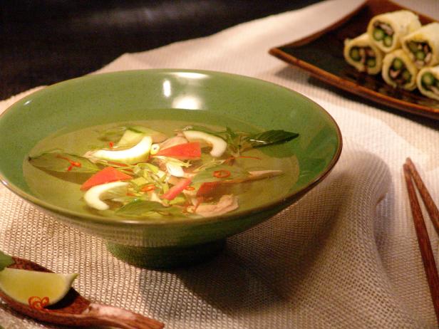 Thai Basil Chicken Soup with Asparagus and Mushroom Filled Crepes and Thai Basil Butter on Toasted