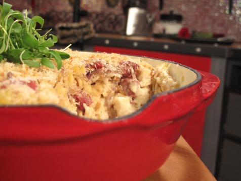 Baked Mac 'N Cheese with Caramelized Onions and Duck Sausage