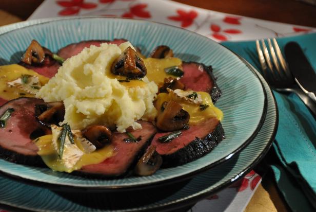 Balsamic Marinated Roast Beef, Mashed Potatoes, Sauteed Mushrooms, Baked Camembert with Herb Oil image