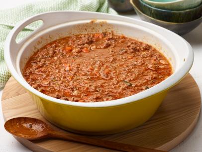 Gabriele Corcos and Debi Mazar's Bolognese Sauce for Summer Slow Cooker/Zucchini Fries/Picnic Brick-Pressed Sandwiches, as seen on The Cooking Channel's Extra Virgin, Lasagna to the Rescue