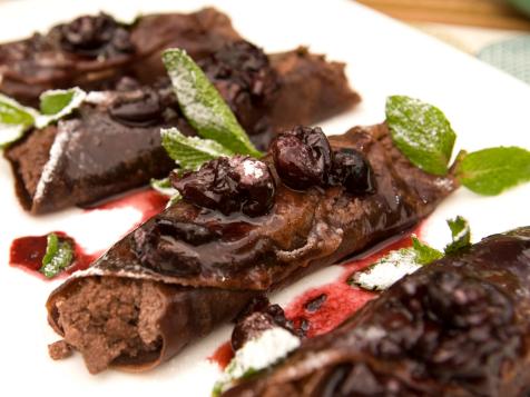 Chocolate Blintzes with Chocolate Whipped Ricotta-Almond Filling and Warm Cherry Sauce