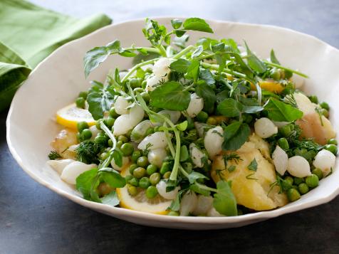 Smashed New Potatoes with Peas, Lemon, and Pearl Onions