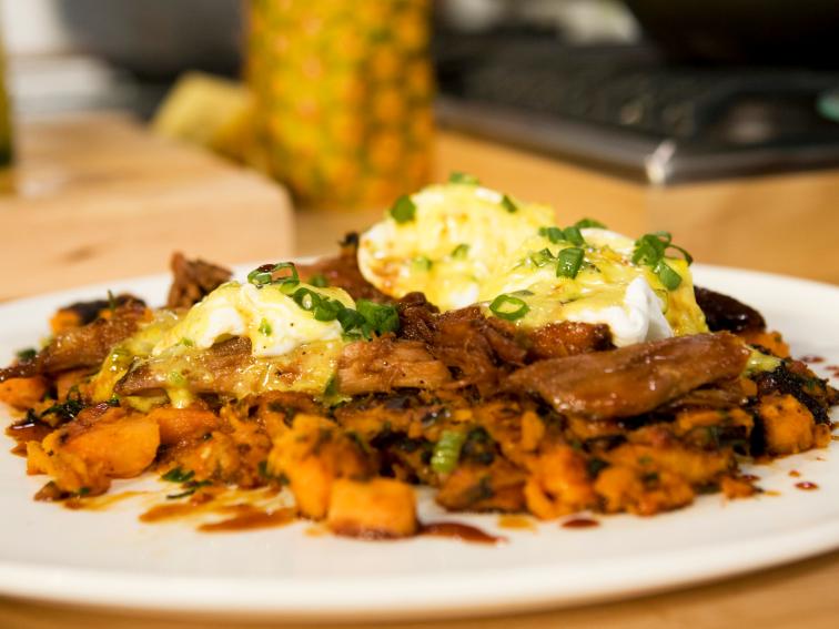 Sour Orange Pork with Sweet PotatoHash, Fried Eggs and Sofrito