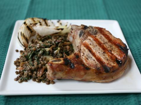 Grilled Pork Chops with Lentils and Swiss Chard