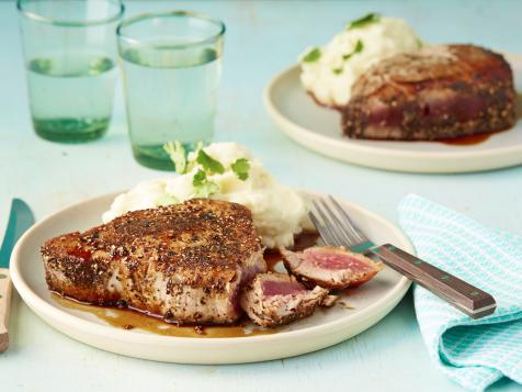 Pepper-Crusted Tuna Steak with Teriyaki Sauce and Wasabi Smashed Potatoes