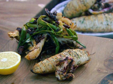 Roasted Concertina Squid with Grilled Leeks and a Warm Chorizo Dressing