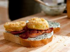 Cooking Channel serves up this Fried Green Tomato BLT with Sweet Basil Mayo recipe from Kelsey Nixon plus many other recipes at CookingChannelTV.com
