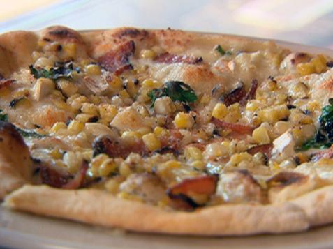 White Cheese Pizza with Grilled Corn and Wood Smoked Bacon