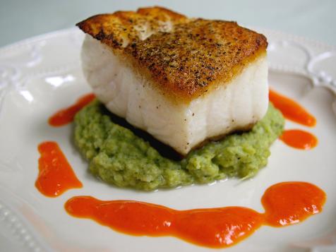 Pan-Fried Sea Bass with Roasted Red Pepper Sauce and Broccoli Puree