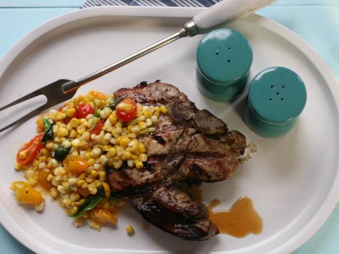 Grilled Pork Chops with Corn, Tomatoes and Basil