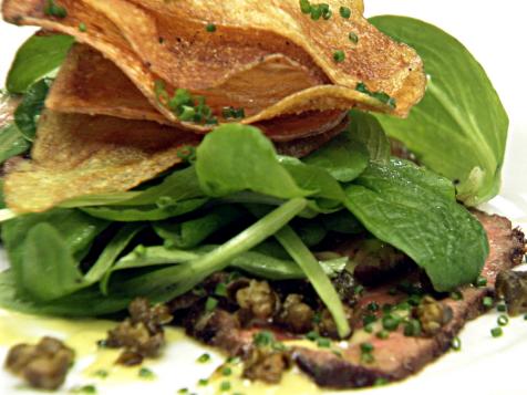 Pan Seared Beef Carpaccio with Potato Chips, Fried Capers and Lemon Aioli