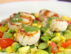 Cooking Channel serves up this Succotash with Grilled Scallops and Parsley Drizzle recipe from Ellie Krieger plus many other recipes at CookingChannelTV.com