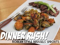 What's for dinner tonight? Cooking Channel's recipe for easy Korean-style Brussels sprouts with marinated skirt steak.