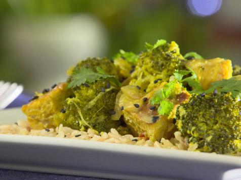 Curried Broccoli with Grilled Tempeh
