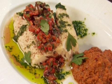 Steamed Wild Striped Bass with Yellow Pepper Romesco, Red Pepper-Black Olive Relish and Parsley-Garlic Oil